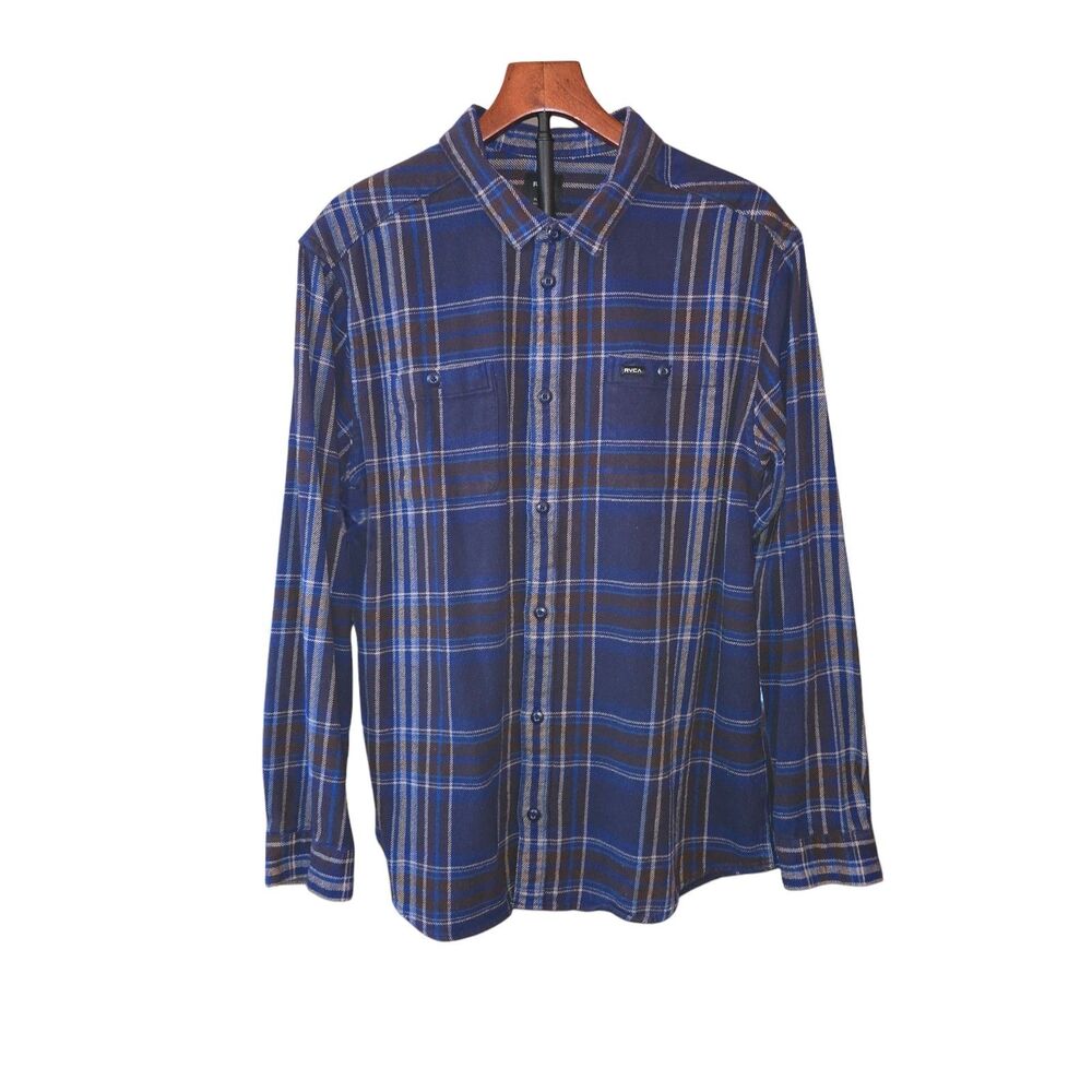 RVCA‎ Ludlow Regular Fit Long Sleeve Button Front Blue Flannel Shirt Size XL